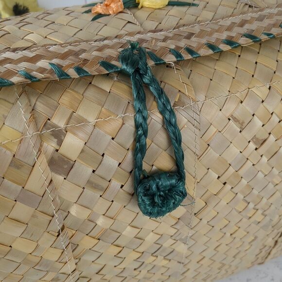 Vintage Large Woven Straw Raffia Bag Tote 1960s MCM Beach Floral - Picture 8 of 16